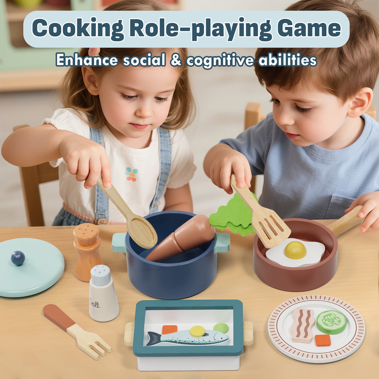LC Play Food Sets, Wooden Play Food Set for Kids Kitchen Play Kitchen Accessories Kids Cutting Pretend Play Fake Food Toys for 3 4 5 6 7 Years Girls Boys Toddlers Educational Toys