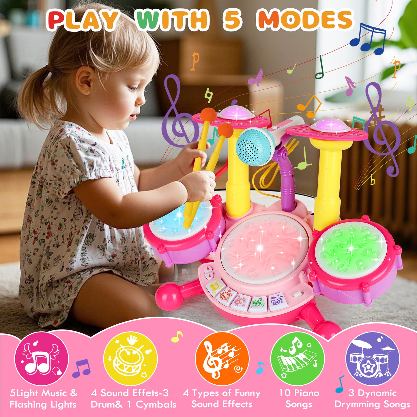 Kids Drum Set, Toddler Drum Set with 2 Drumsticks and Microphone, Kids Musical Toys, Baby Drum Set Toy for 1 2 3 Year Old Boys Girls - Pink