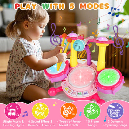Kids Drum Set, Toddler Drum Set with 2 Drumsticks and Microphone, Kids Musical Toys, Baby Drum Set Toy for 1 2 3 Year Old Boys Girls - Pink