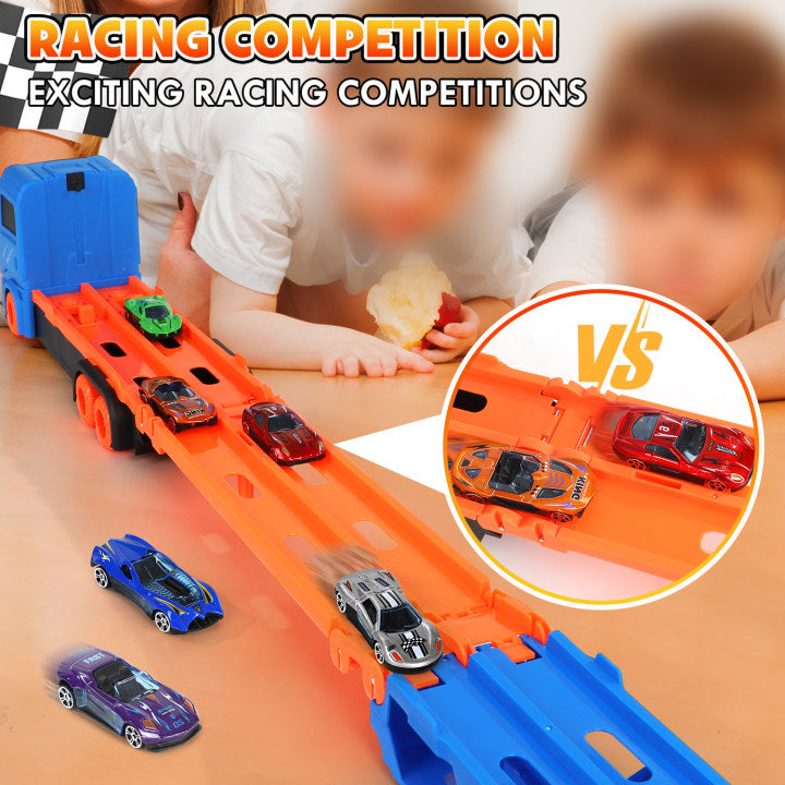 Toy Trucks Cars for Toddlers, Transport Truck Car Toys, Toddler Toys for 3 4 5 6 Years Old Boys, Carrier Truck Toy Cars for Toddlers with 6 Toy Racing Cars, 61" Race Track, Kids Toys for Boys Girls