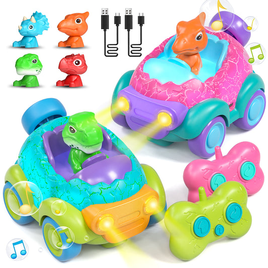 Remote Control Car for Toddlers, Rechargeable RC Cars for Toddler Toys 2-3, Dinosaur Toys for Ages 2-4 with Lights & Music, 2 3 4 Year Old Boy Toys - 2 Pack