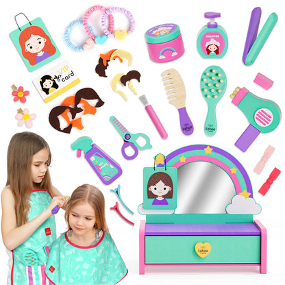 32Pcs Hair Salon Toys Salon Set, Toddler Girls Vanity for Year Old Girls Pretend Play Doll Hair Stylist Toy Kit with Blow Dryer, Barber Costume