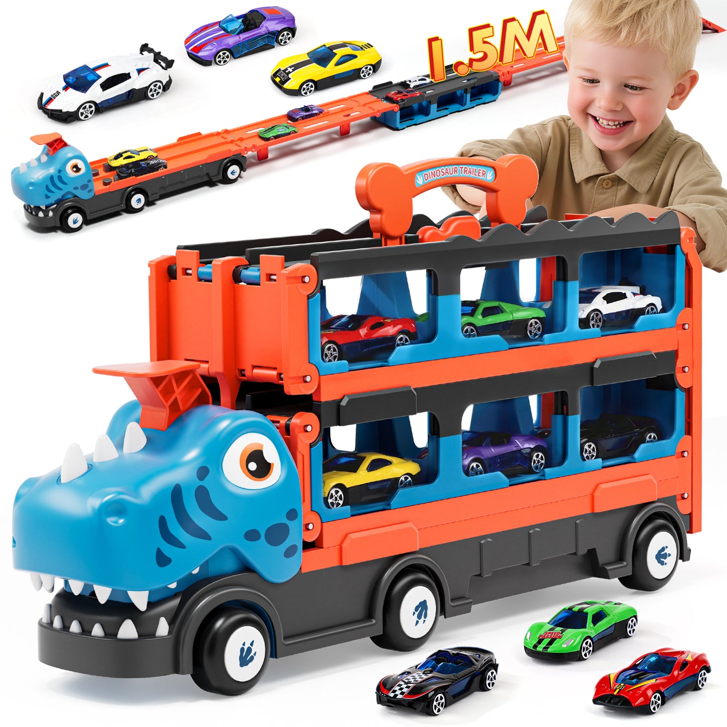 LC Toys for 2 Year Old Boy, 7 in 1 Dinosaur Truck Toys for Kids 2 3 4 5 6 7, Dinosaur Truck with 6 Pull Back Cars, 62.5in Race Track, Transport Carrier Truck Birthday Gifts Toys for 2+ Year Old Boy
