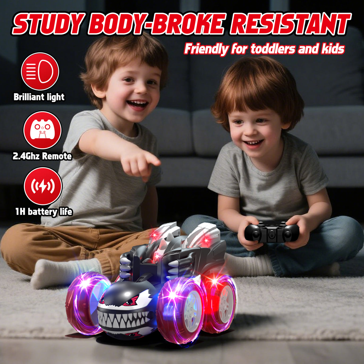 Remote Control Car, RC Cars for Kids 5 6 7 8 9 10 Year Old, 360° Ratation RC Monster Truck Toys with Cool Lights, 2.4Ghz Fast Stunt for Kids Outdoor Toys