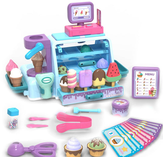 Ice Cream Toys for Toddlers 3-5, Pretend Play Food Toys for Girls, Ice Cream Counter Playset, Ice Cream Shop Toys for Kids, Include Checkout Counter with POS, Best Birthday Christmas Gift for Girls