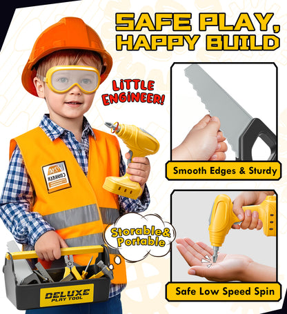 Kids Tool Set – Toddler Tool Set with Construction Vehicle & Electronic Toy Drill, Pretend Play Kids Toys, Toy Construction Tools for Kids Ages 3 4 5 6 7 8 Years Old (Black & Yellow)