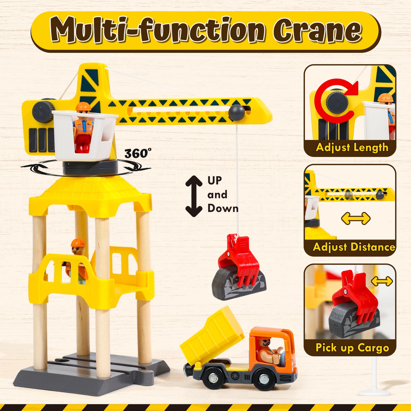 Train Set, 68 Pcs Wooden Train Set for Kids, Train Toy for Boy 2 3 4 5 Year, Train Track Set with Crane & Accessories, Toy for 2 Year Old Kids Birthday Gift, Compatible with Other Brands