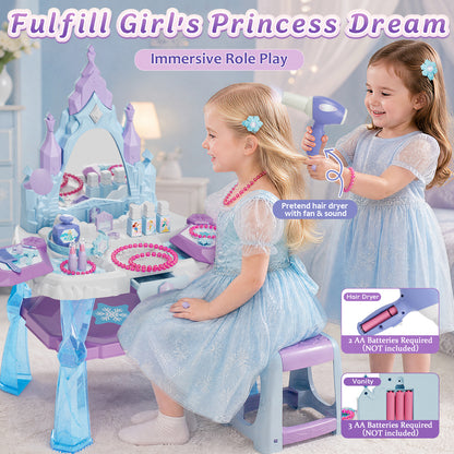 Toddler Vanity Makeup Table Toy with Mirror & Chair, Kids Vanity Set with Light & Music, Pretend Play Princess Dress Up Vanity Set, Gifts for 4 Year Old Girls