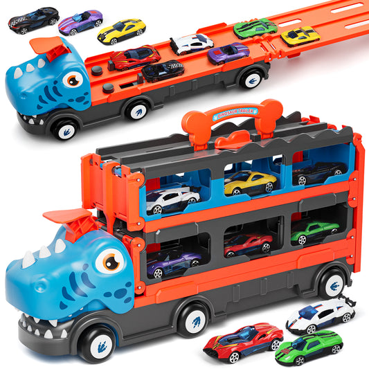 LC Toys for 2 Year Old Boy, 7 in 1 Dinosaur Truck Toys for Kids 2 3 4 5 6 7, Dinosaur Truck with 6 Pull Back Cars, 62.5in Race Track, Transport Carrier Truck Birthday Gifts Toys for 2+ Year Old Boy