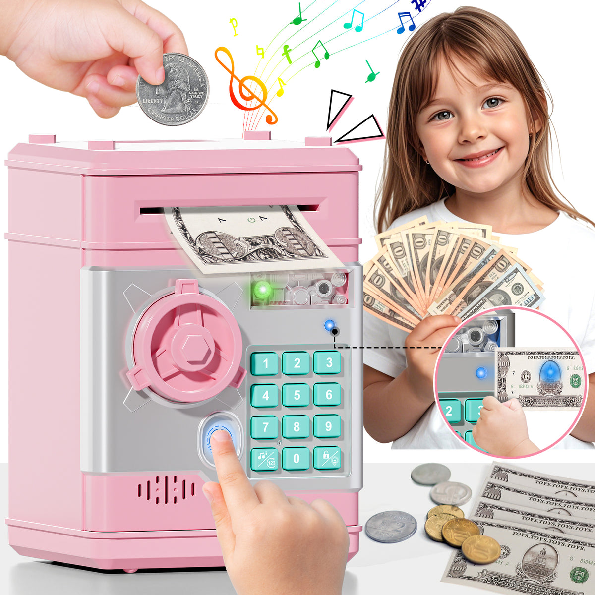 Piggy Banks for Kids, Fingerprint Recognition Electronic Money Saving Box with Password Protection, Automatic Paper Money Scroll - Pink