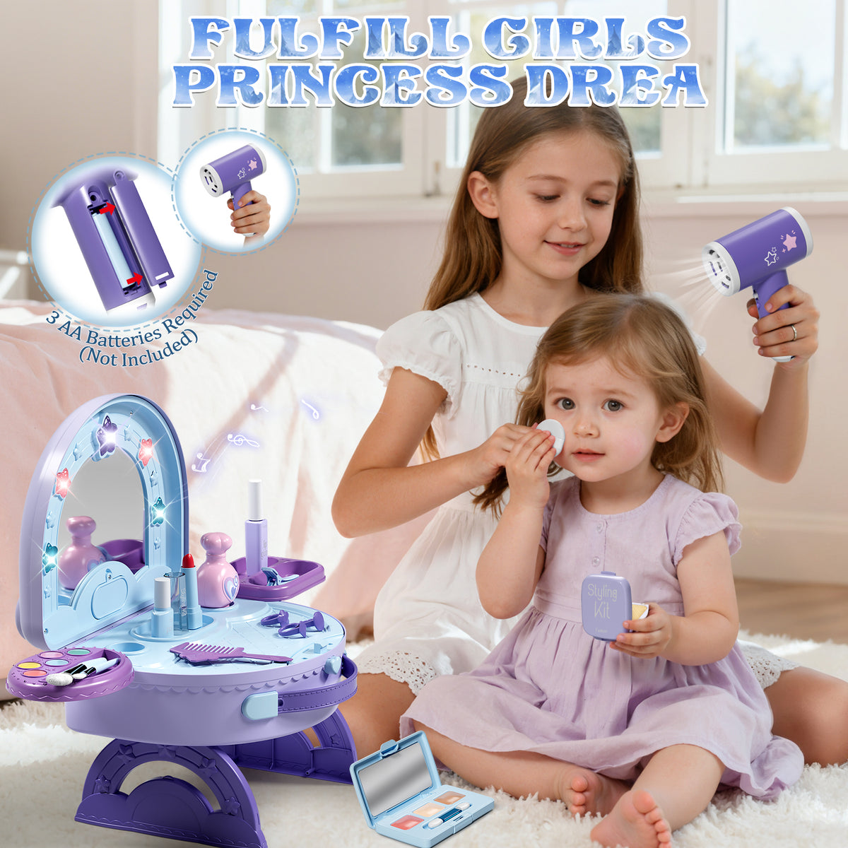 Kids Vanity Sets for Girls, Kids Make up Vanity with Mirror & Lights & Music & Pretend Cosmetics, Toddler Portable Vanity Set for Girls, Princess Dress up for Girl 3 4 5 6 Year Old Girls