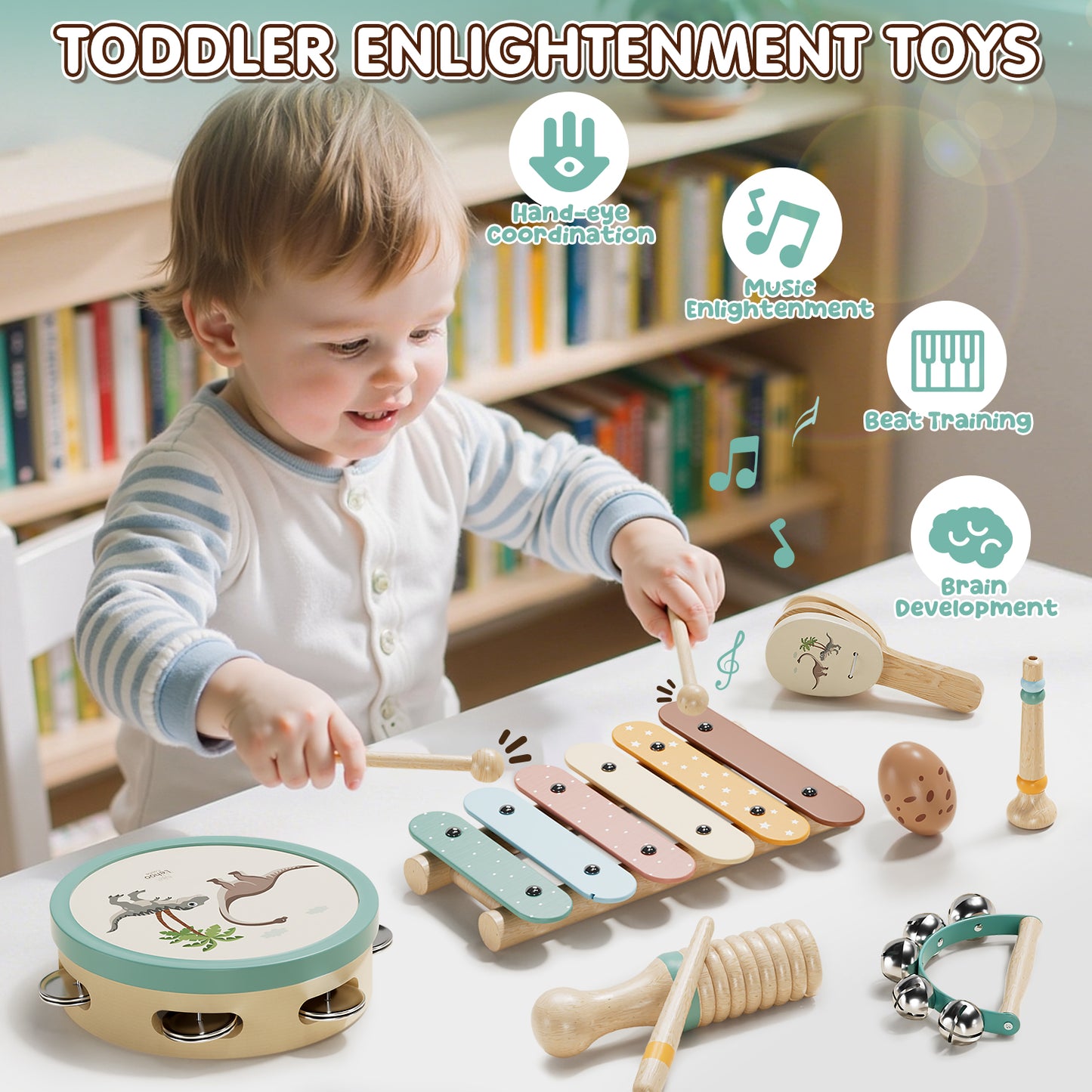 Musical Instruments for Kids, 1 Year Old Toys, Baby Musical Toys for 1 2 3 Toddler, Wooden Musical Toys with Xylophone & Tambourine, Dinosaur Toys, Montessori Learning Toys for 1 Year Old