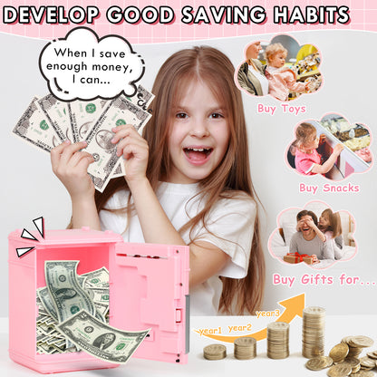 Piggy Bank for Kids Girls Boys, Large Electronic Money Saving Box with Password Protection, Automatic Paper Money Scroll - Pink