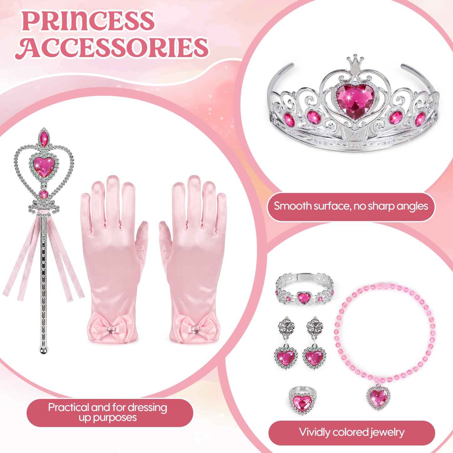 Princess Dress Up for Girls Ages 3-6, Pink Rainbow Princess Costume Set with Cape, Gloves, Crown, Wand & Jewelry, Pretend Play Dress Up Clothes, Birthday Christmas Gifts for Toddler Girls