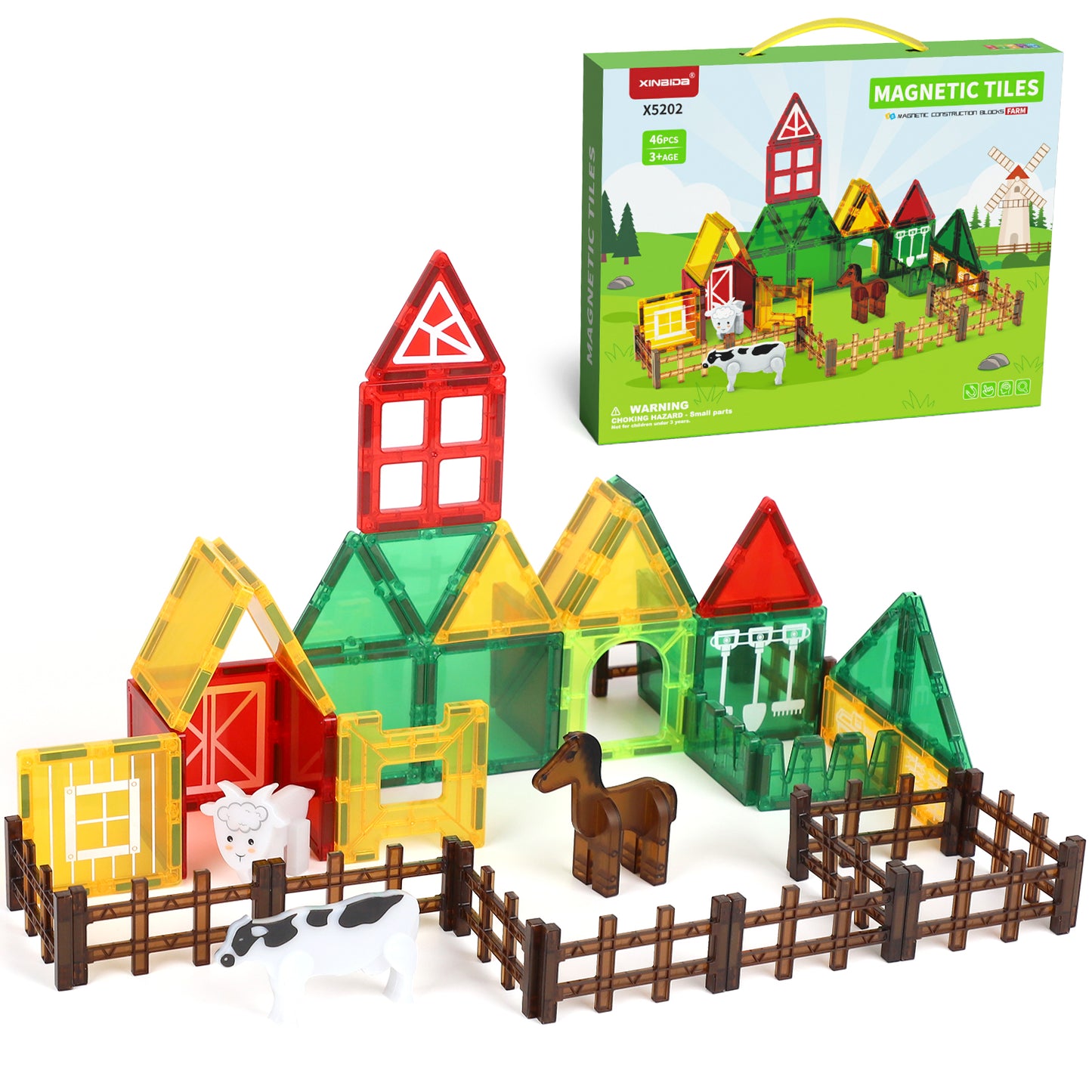Magnetic Tiles, Farm Animal 46PCS Magnetic Blocls, STEM Montessori Education Toy for Boys Girls, Magnetic Construcion Toys for Toddler 3-6 Year Old