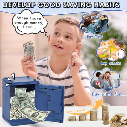 Piggy Bank for Kids Girls Boys, Large Electronic Money Saving Box with Password Protection, Automatic Paper Money Scroll - Blue
