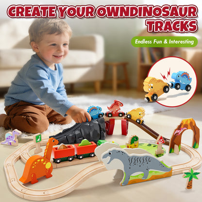 Train Set, Wooden Train Set for Kids Ages 4-8, Railway Track Toy Set with Locomotive, 3 Dinosaur Cars, Compatible with Other Brands