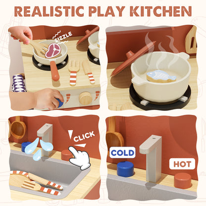 Play Kitchen, Kids Wooden Kitchen Play Set with Cutting Play Food, Pretend Play Stove + Play Sink + Oven, Toy Kitchen Set for 2 3 4 Years Old Girls Boys, Best Birthday Christmas Gifts