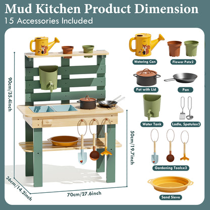 Outdoor Mud Kitchen for Kids, Outdoor Play Kitchen, Wooden Kids Mud Kitchen with Water Tank, Water Play, Cooking, Pretend Play Toys for Boys Girls Age 3+