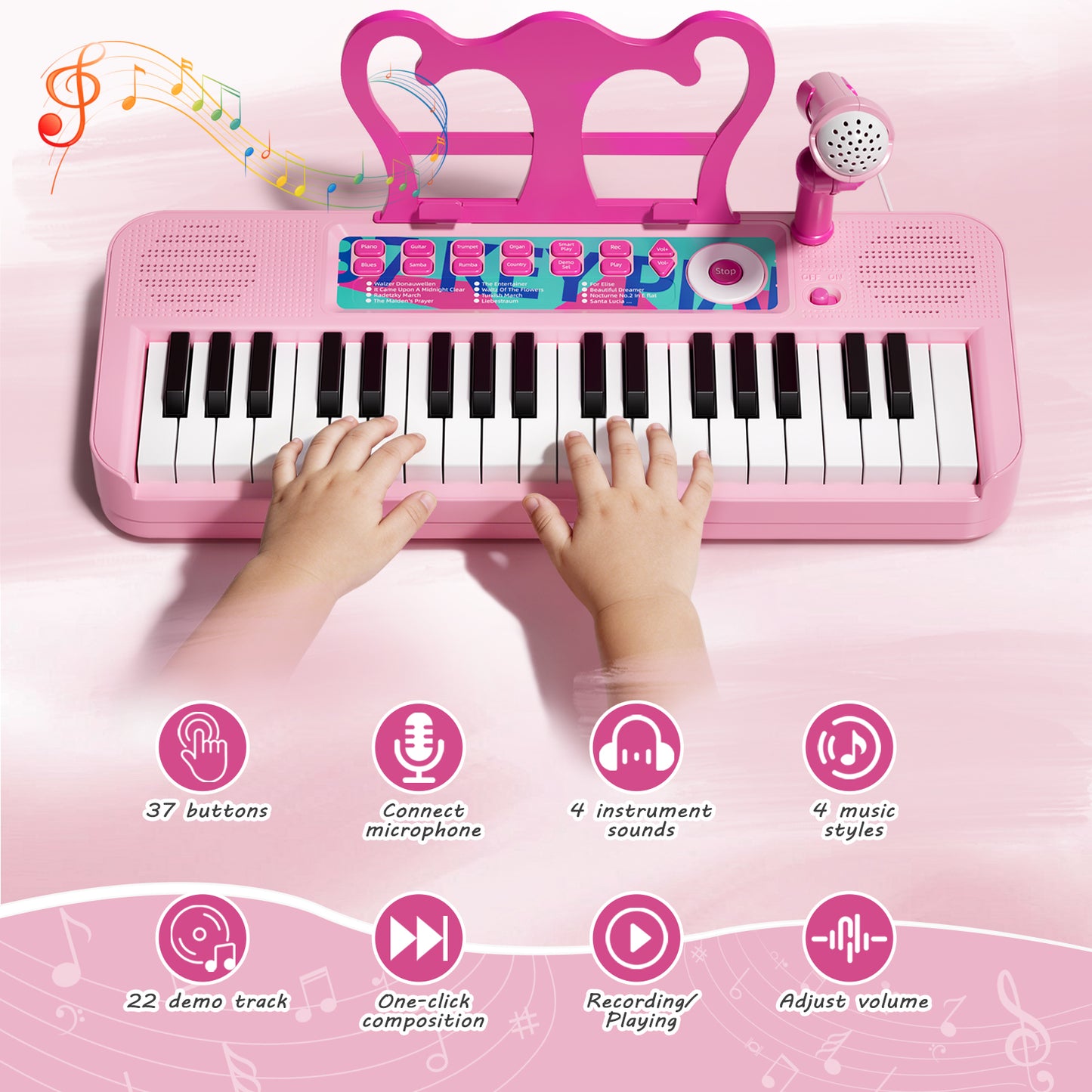 Keyboard Piano for Kids, 37 Keys Musical Instruments with Microphone & Stood & Chair, Musical Toys for 1 2 Years, Birthday Christmas Gifts for 1 2 3 Year Old Girls
