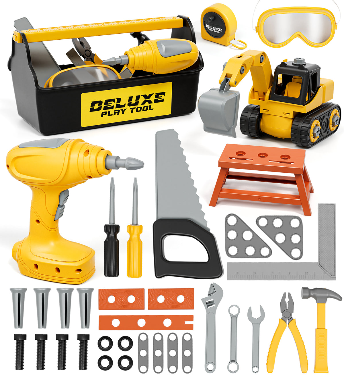 Kids Tool Set – Toddler Tool Set with Construction Vehicle & Electronic Toy Drill, Pretend Play Kids Toys, Toy Construction Tools for Kids Ages 3 4 5 6 7 8 Years Old (Black & Yellow)