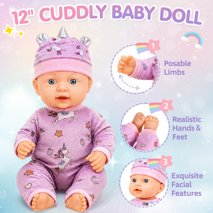 Baby Doll Set, Baby Doll Toys for Girls, 12 PCS Baby Doll Accessories Sets with Basket, hat, clothes, blanket, pillow, bottle, Pretend Play Toy Set for Toddler, Baby Doll for 2 to 4 Year Olds