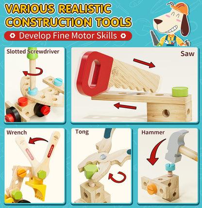 Toys for Boys 3-6 Year, Kids Tool Set, Wooden Tool Box Set, Construction Toys for Boys with Tool Accessories, Pretend Play Construction Toys for Boys 3 4 5 6 Year Old