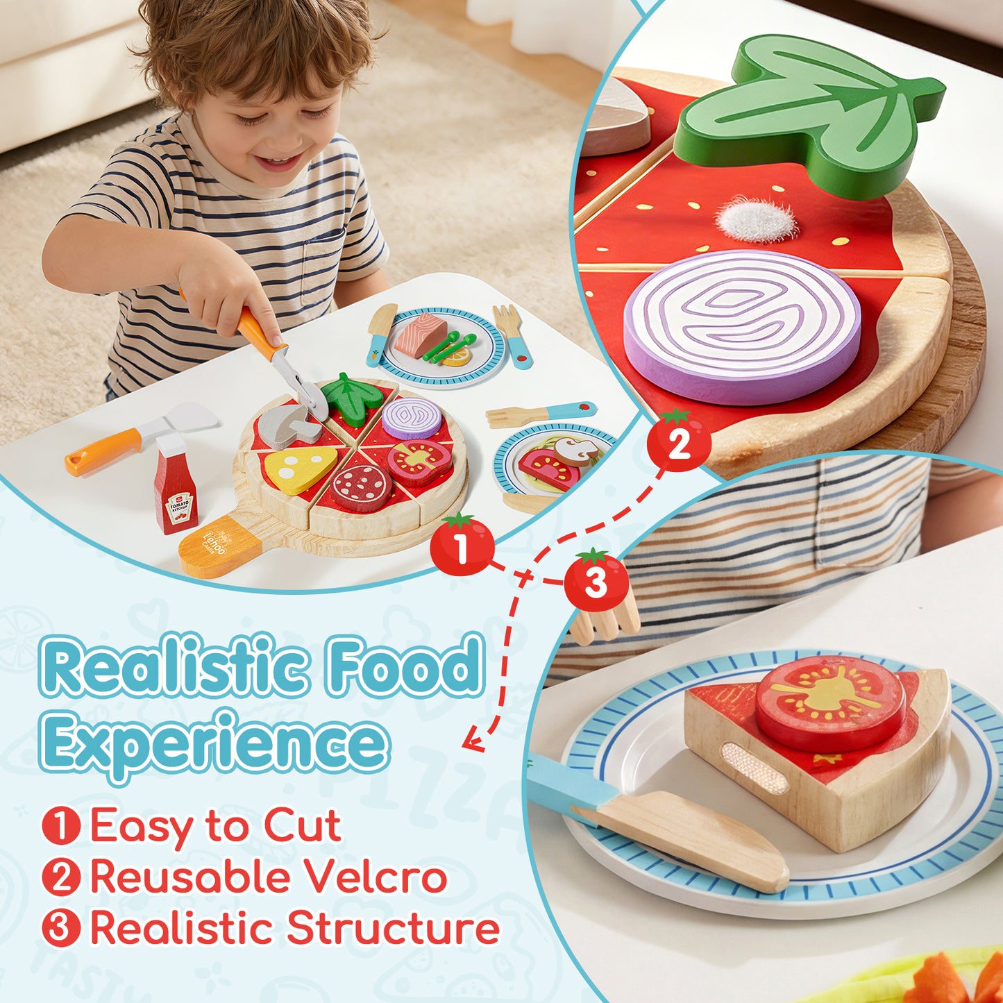 Play Food Sets, Play Kitchen Accessories for Kids, Wooden Pizza Toys, Pretend Play Food for 3 4 5 6 Year Old Kids, Best Gifts for Birthday Christmas