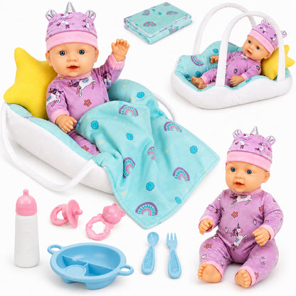 Baby Doll Set, Baby Doll Toys for Girls, 12 PCS Baby Doll Accessories Sets with Basket, hat, clothes, blanket, pillow, bottle, Pretend Play Toy Set for Toddler, Baby Doll for 2 to 4 Year Olds