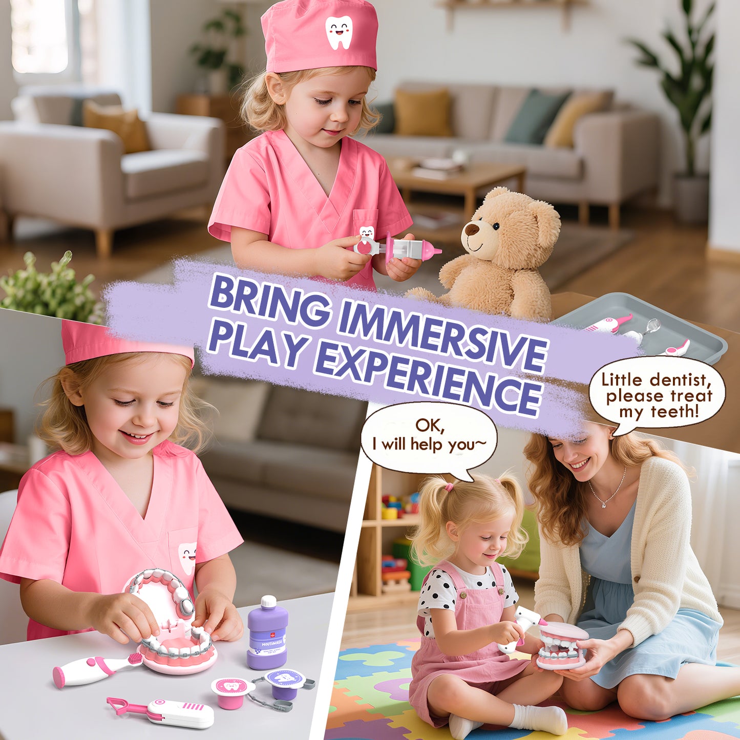 Doctor Kit for Kids, Dentist Playset, Pretend Doctor Kit Dentist Medical Kit with Electronic Stethoscope Toys for 2 3 4 5 6 Year Old Kids - Pink