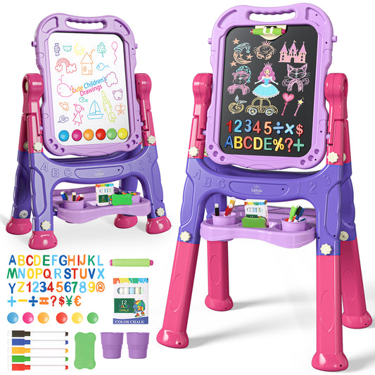 Easel for Kids, 4 in 1 Double Side Magnetic Chalk Board with Painting Accessories, Adjustable Standing Art Easel for Toddler, Kids Art Easel for Boys Girls Birthday Gift - Purple