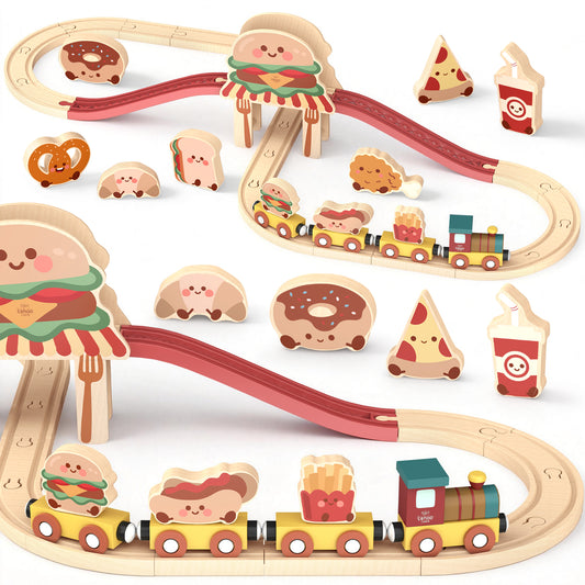 Train Set, Wooden Train Set for Kids, Wooden Train Toy for Girls Boys 2 3 4 5 Year, Train Set with Hamburger & Bread Accessories, Compatible with Other Brands