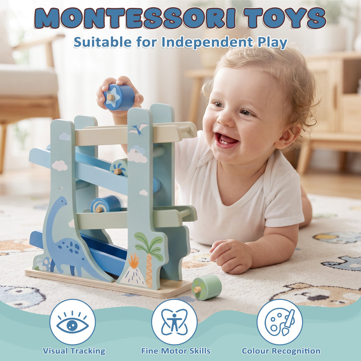 Car Ramp Toy, Dinosaur Wooden Car Track for Toddlers 1-3, Wooden Toys for 1 Year Old, Montessori Learning Toys, Car Ramp Toy Set for 1 2 3 Year Old Kids Birthday Gifts