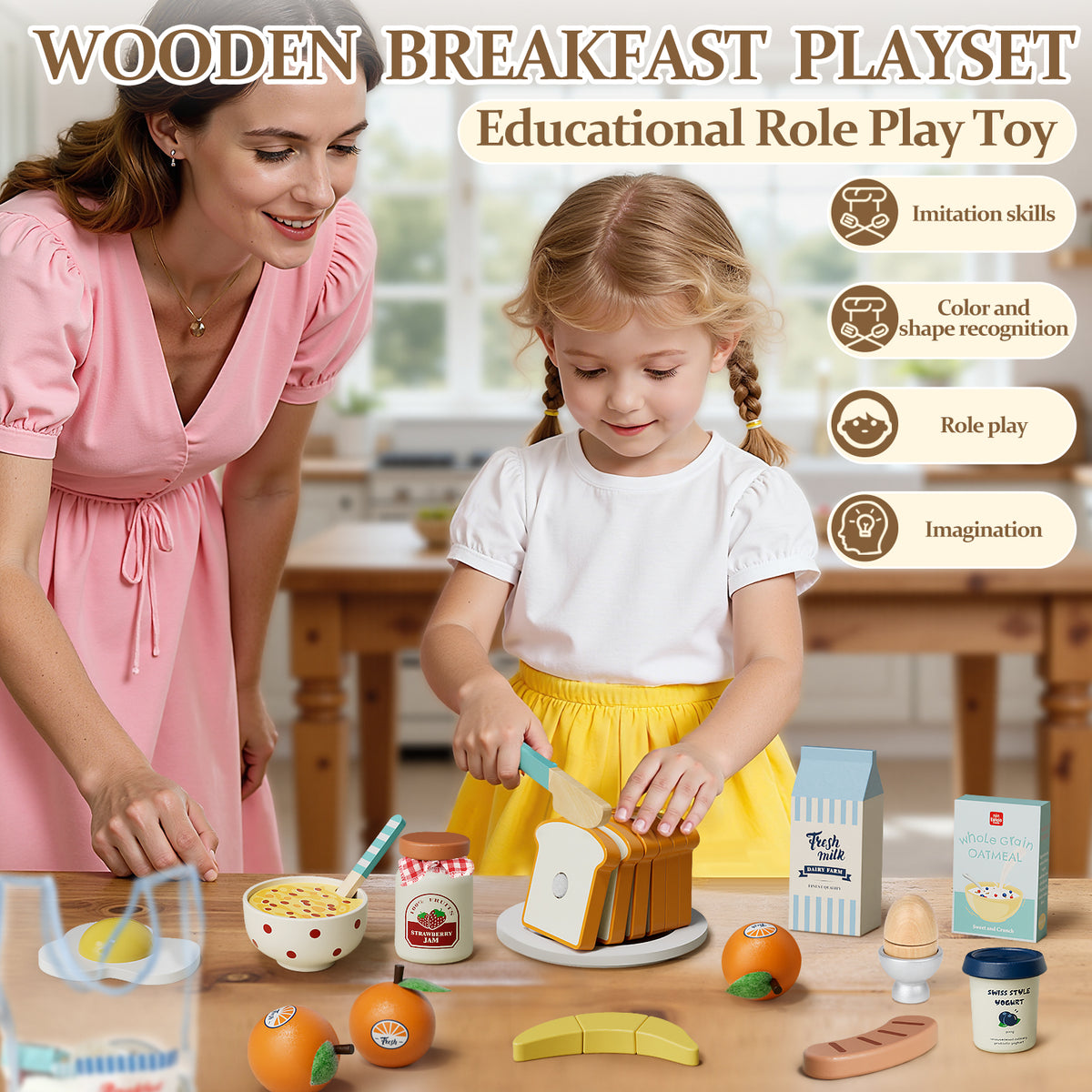 Play Food Sets, Wooden Play Kitchen Accessories Kids Cutting Pretend Play Fake Food Toys for 3 4 5 6 7 Years Girls Boys Toddlers Toys