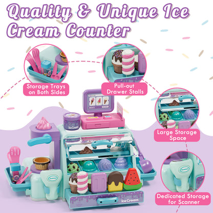 Ice Cream Toys for Toddlers 3-5, Pretend Play Food Toys for Girls, Ice Cream Counter Playset, Ice Cream Shop Toys for Kids, Include Checkout Counter with POS, Best Birthday Christmas Gift for Girls