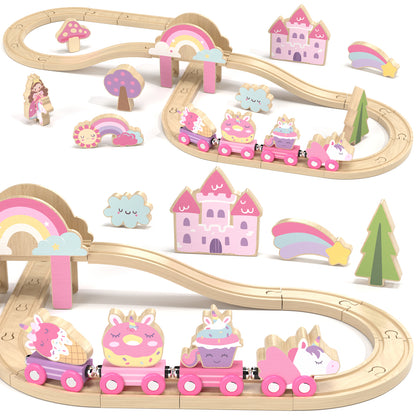 Train Set, 39 Pcs Wooden Train Set for Kids, Train Toy for Girls Boys 2 3 4 5 Year, Unicorn Train Track Set with 4 Magnetic trains & Accessories, Compatible with Other Brands