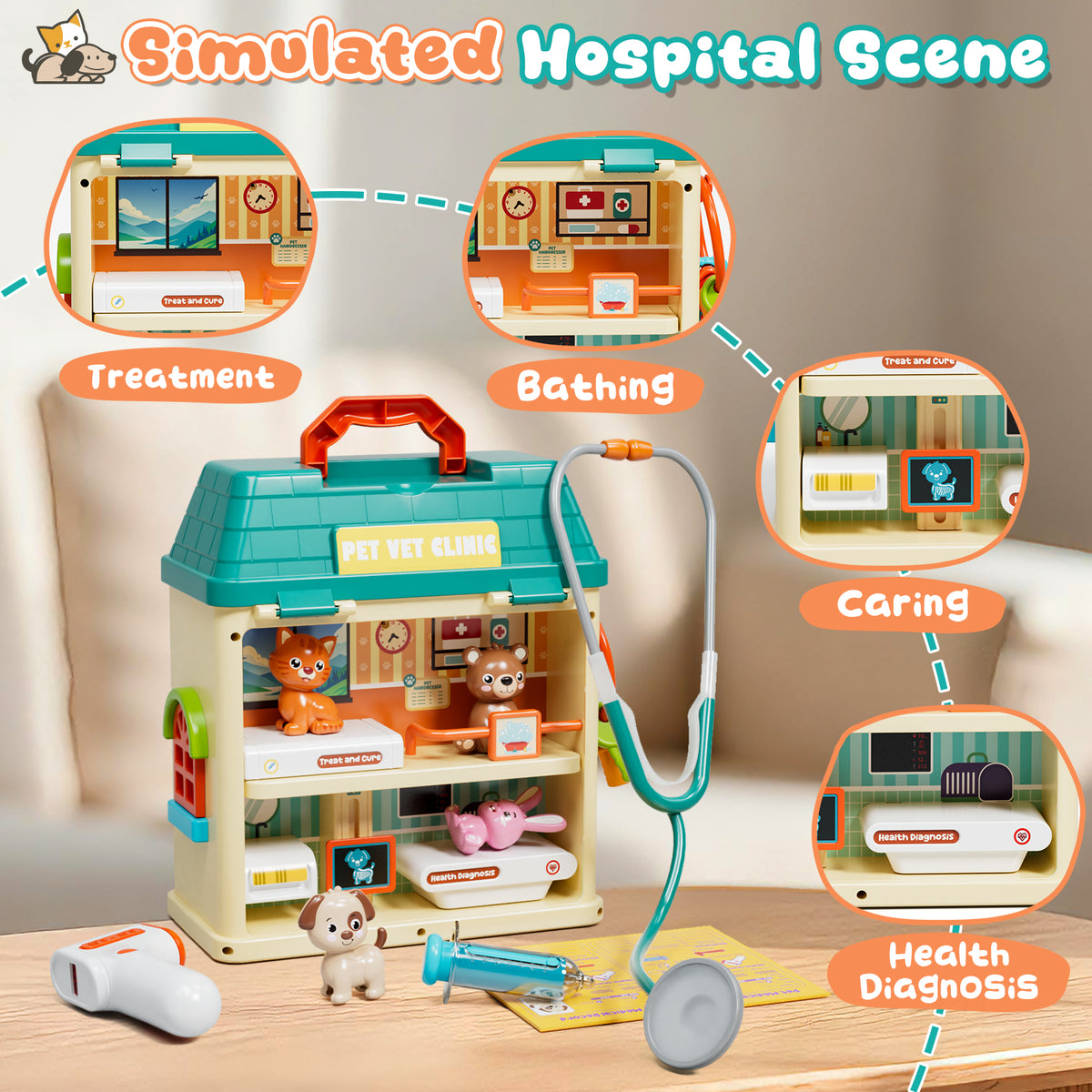 Pet Vet Toys, Hospital Pretend Play Doctor Vet Kit for Toddlers 3-5, Pet Care Role Play Set, Play Veterinarian Set for Kids, Pets Doctor Kit Learning Toys for Boys Girls Birthday Gift