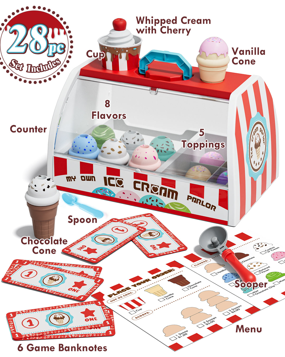 Ice Cream Toy Play Set for Kids, Pretend Play Food Accessories