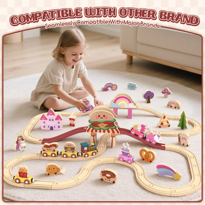 Train Set, Wooden Train Set for Kids, Wooden Train Toy for Girls Boys 2 3 4 5 Year, Train Set with Hamburger & Bread Accessories, Compatible with Other Brands