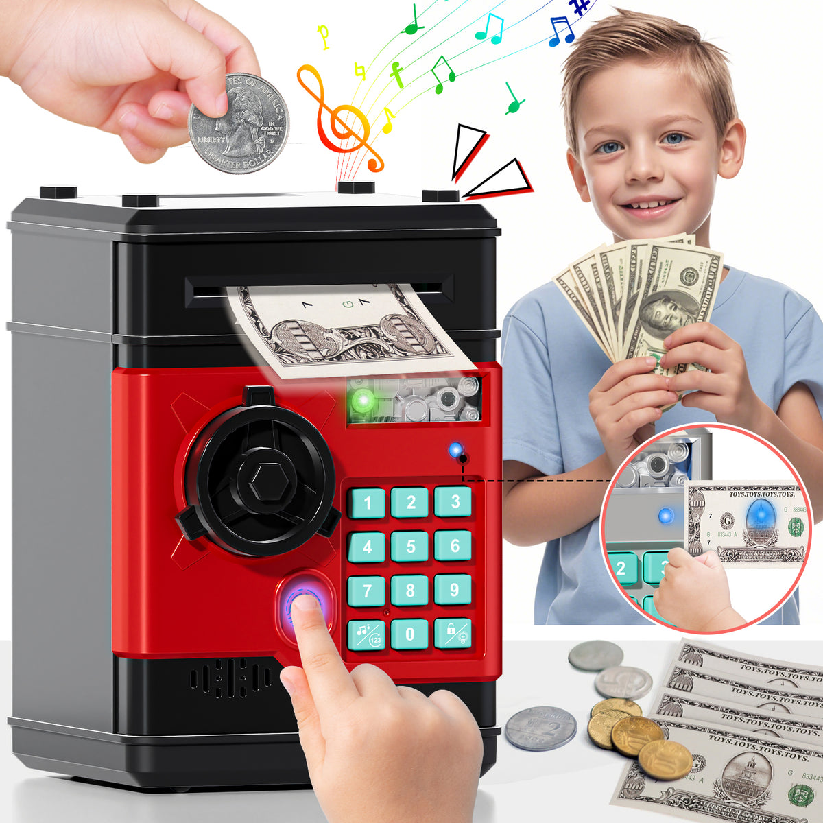 Piggy Banks for Kids, Fingerprint Recognition Electronic Money Saving Box with Password Protection, Automatic Paper Money Scroll - Red