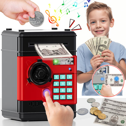 Piggy Banks for Kids, Fingerprint Recognition Electronic Money Saving Box with Password Protection, Automatic Paper Money Scroll - Red
