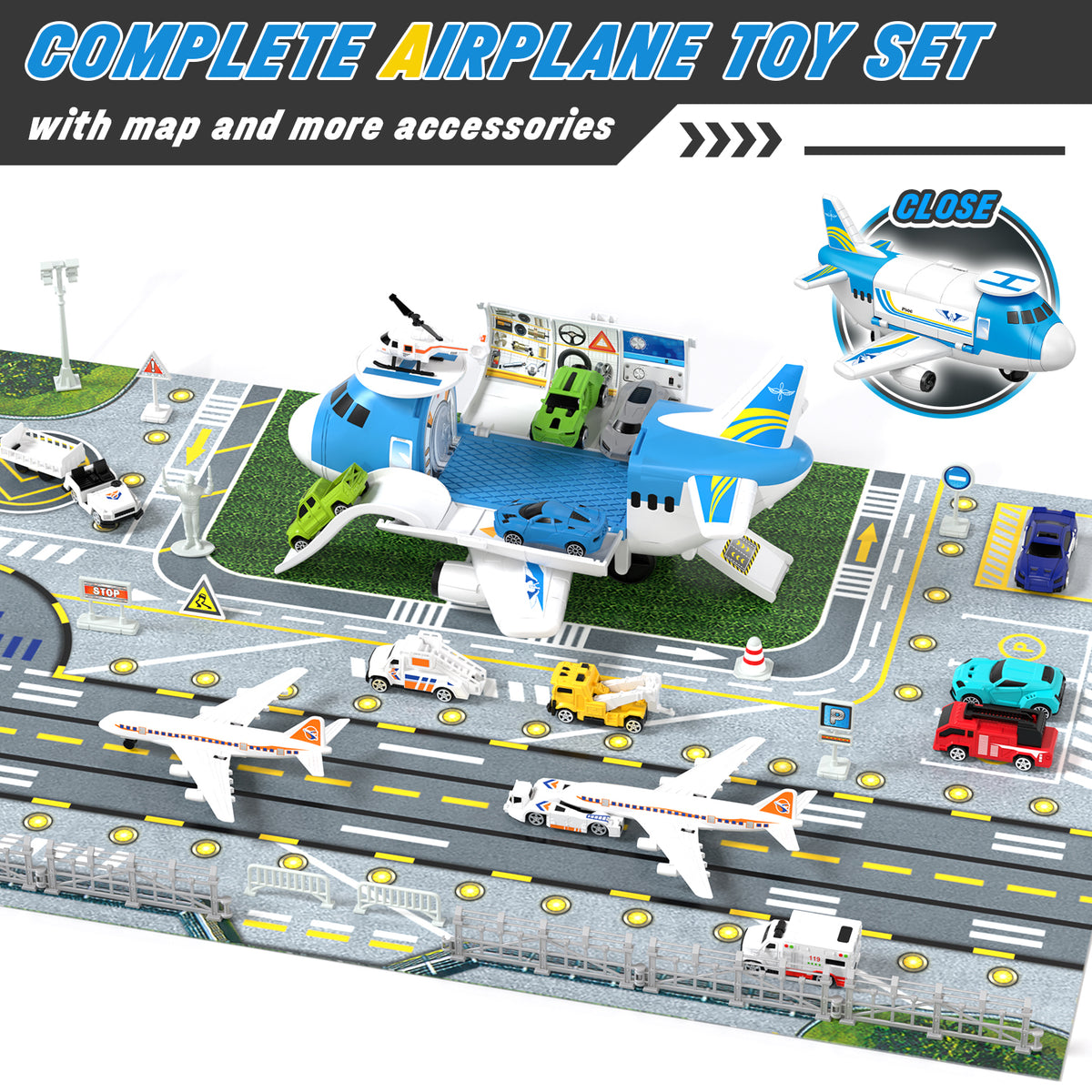 Airplane Toys, Toys for 2+ Year Old Boys, Transport Airplane with 6 Race Cars, 6 Carrier Cars, 2 Airplanes, 1 Helicopter, 1 Map, 2 Year Old Boy Birthday Gift
