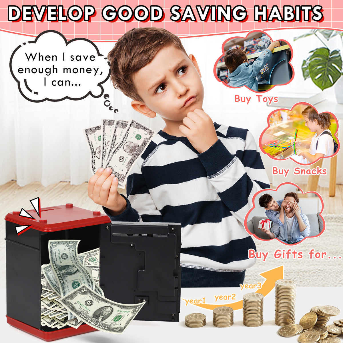 Piggy Bank for Kids Girls Boys, Large Electronic Money Saving Box with Password Protection, Automatic Paper Money Scroll - Red