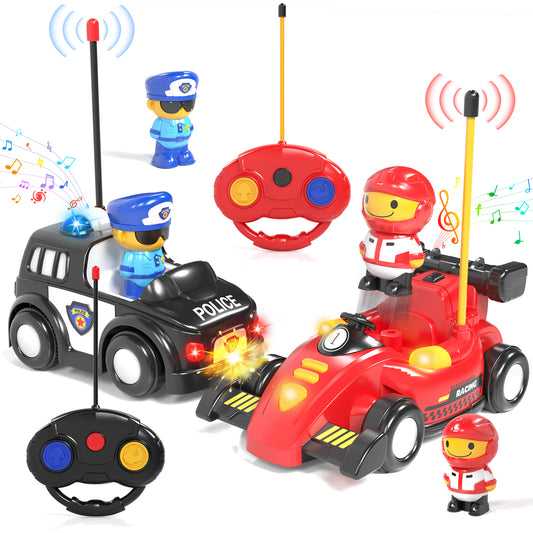 2 Pack Remote Control Cars for Toddler, RC Race Car & Police Car for Kids with Lights & Music, Ejector Battle Cars, Boys Toy Cars, Remote Control Toys for Ages 2-5 Toddler Birthday Gift