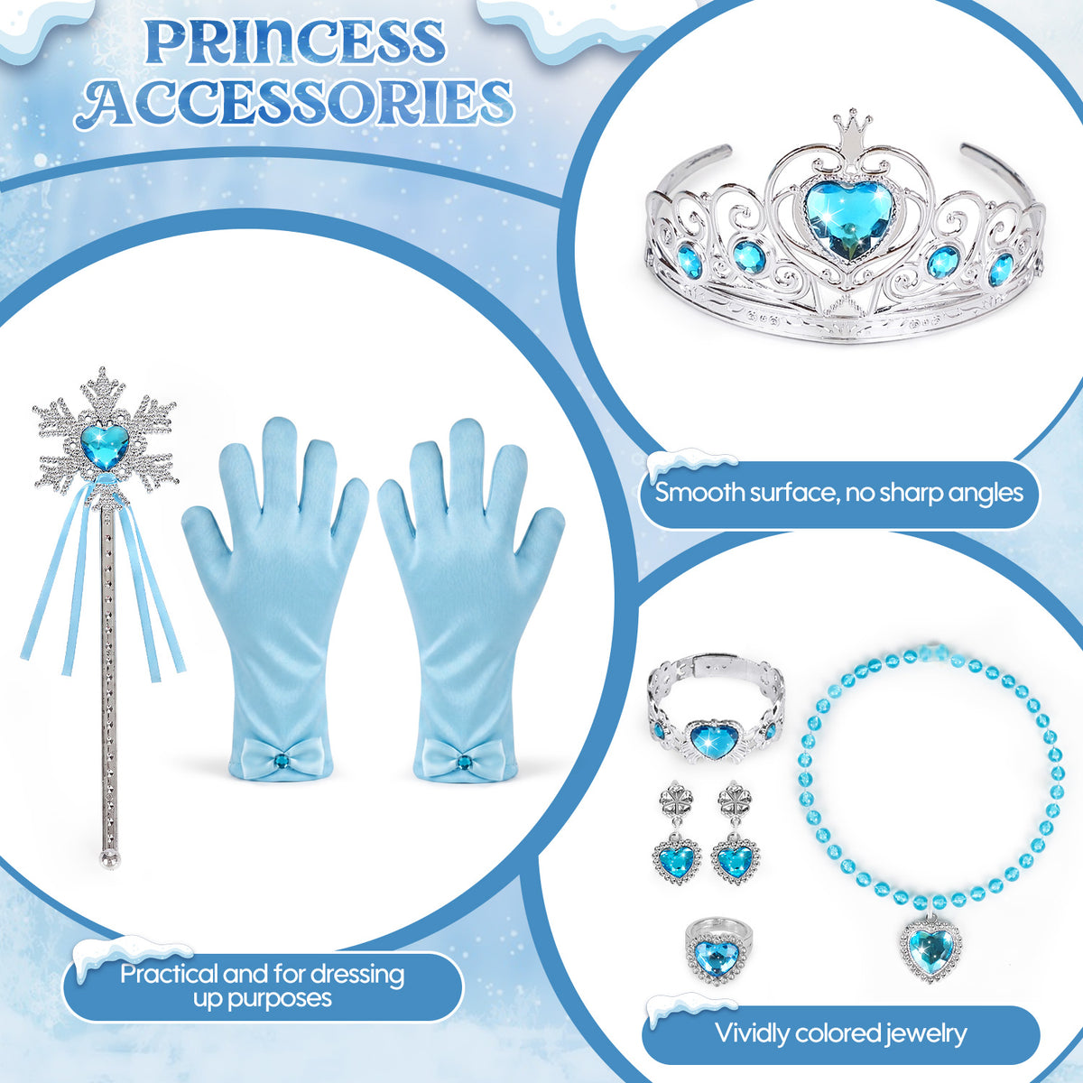 Princess Dress Up for Girls Ages 3-6, Blue Ice Princess Costume Set with Snowflake Cape, Gloves, Crown, Wand & Jewelry, Pretend Play Dress Up Clothes, Birthday Christmas Gifts for Toddler Girls