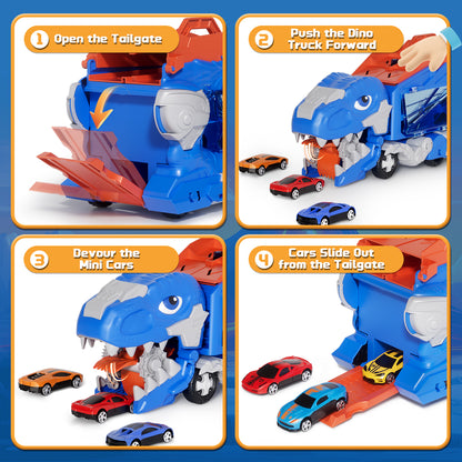 Dinosaur Truck Toy, Toys for Boys 2 to 4 Years Old, Toys Cars Set with Race Track Transporter Hauler Dinosaur Transporter Truck with 8 Die-Cast Car Toys Gifts for Kids Ages 2 3 4 5 6 Years Old