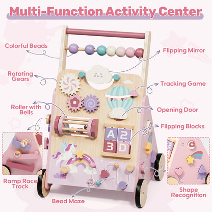 Baby Walker, Wooden Baby Push Walker with Activity Center, Push Walker Toys for Toddler Learning to Walk & Sit-to-Stand, Walking Toys for 1 Year Old
