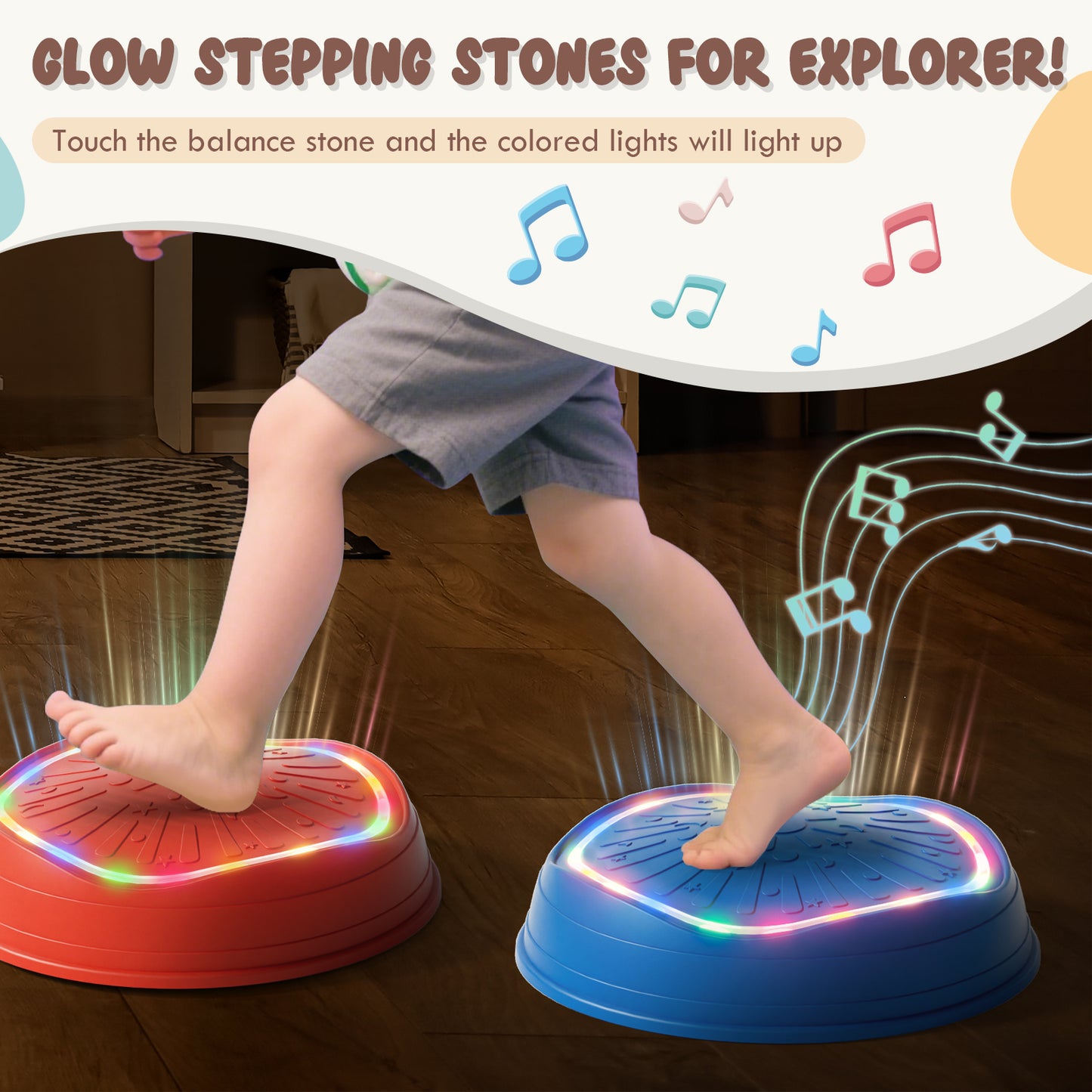 Stepping Stones for Kids, Upgraded Support Bones, 5 Pcs Non-Slip Balance Stepping Stones with Light & Music, Up to 220 lbs, Coordination Skills Sensory Toys, Outdoor Toys for Kids Ages 4 8