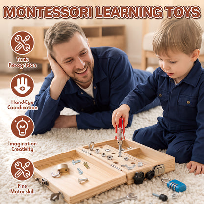 Montessori Busy Board, Montessori Toys for 3 Year Old, Portable Busy Board with Lock and Key for 3 4 5 Year Old Kids, Wooden Kids Tool Set with Storage Box, Preschool Learning Toys