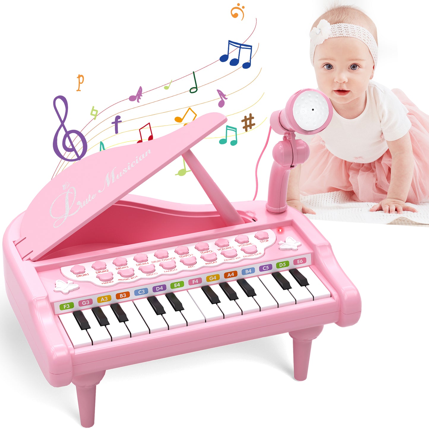 Piano Keyboard Toy for Girls - Toys for 1 2 3 Years Old Girls, 24 Keys Toddler Piano Music Toy Instruments with Microphone, Birthday Gift Toys for Girls Boys Aged 1 2 3